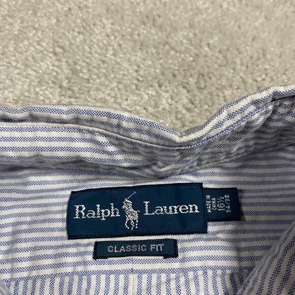 Ralph Lauren Shirt Mens 16.5 34/35 Blue White Stripe Classic Fit Oxford - Picture 2 of 8